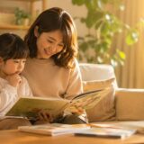 親子で絵本を読みながら会話を楽しみ、安心して気持ちを伝え合う温かな家庭の様子