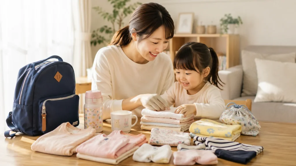 保育園の持ち物を準備する親子
