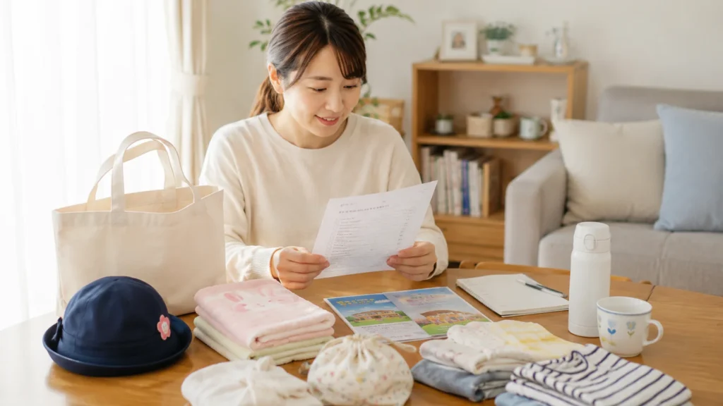 保育園の持ち物を確認する保護者