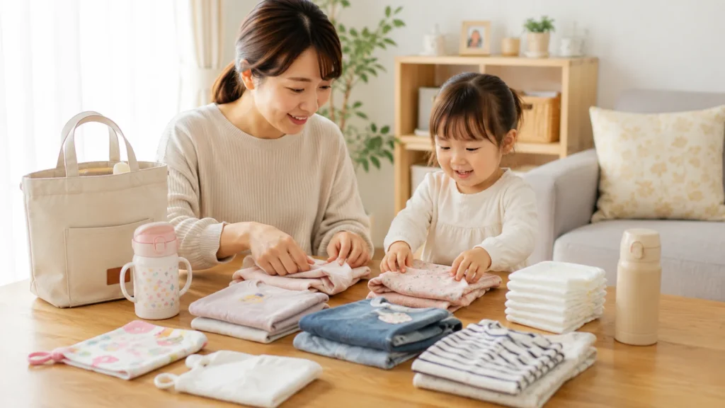 保育園用品を並べる親子