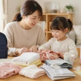 保育園入園準備で持ち物を確認する日本人親子