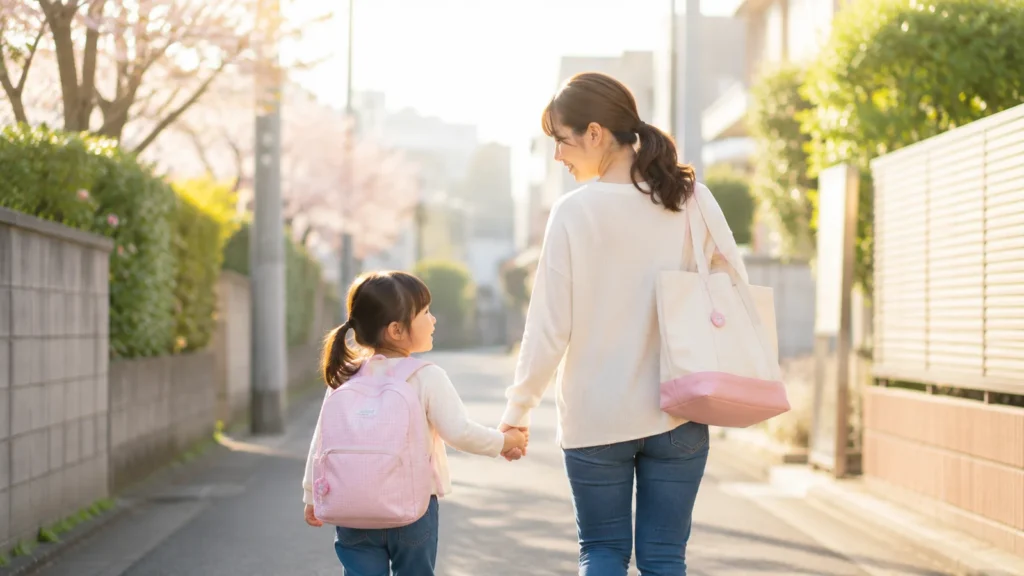 保育園へ登園する親子の後ろ姿