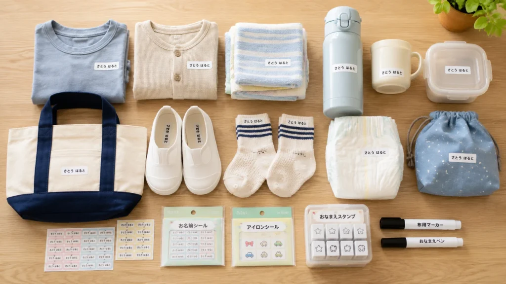 保育園の持ち物を一覧に並べた入園準備用品