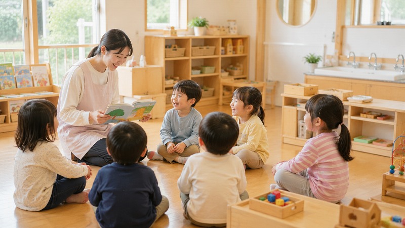 日本の認可保育園で保育士と遊ぶ子どもたち
