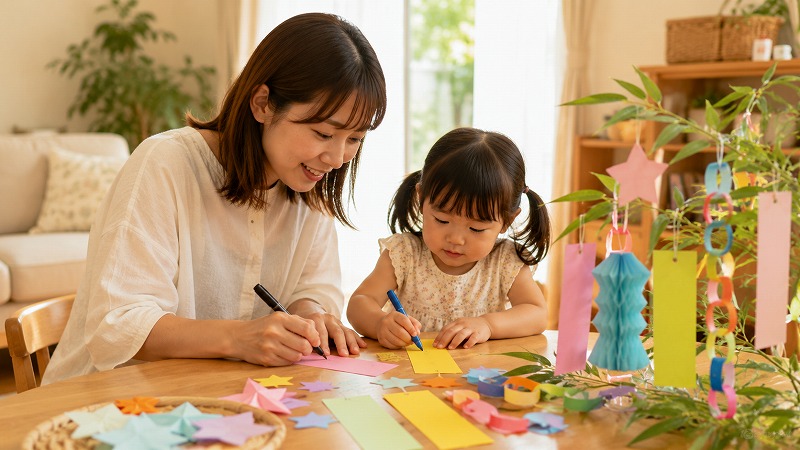親子で七夕の短冊に願い事を書いている様子