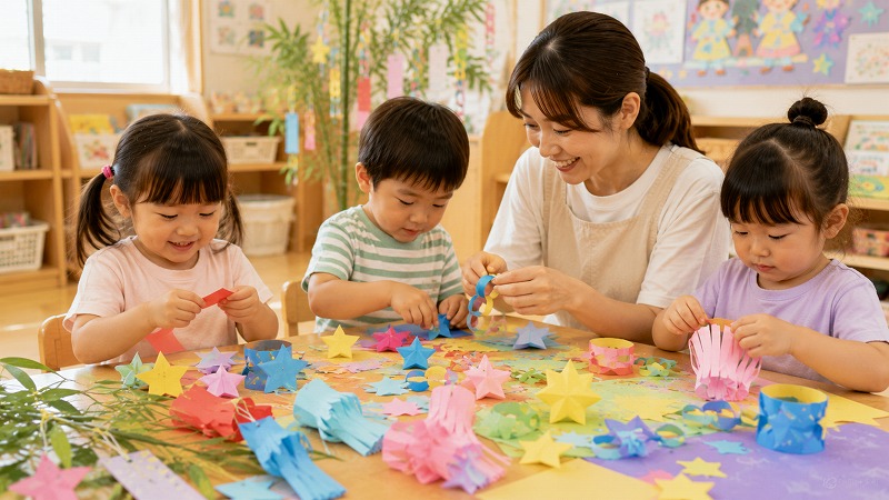 七夕飾りを製作する保育園の子どもたち