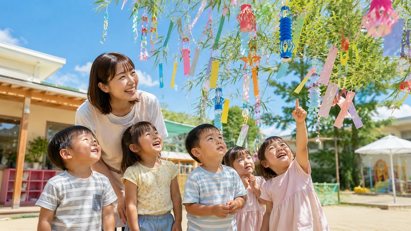 保育園で七夕飾りを楽しむ保育士と子どもたち