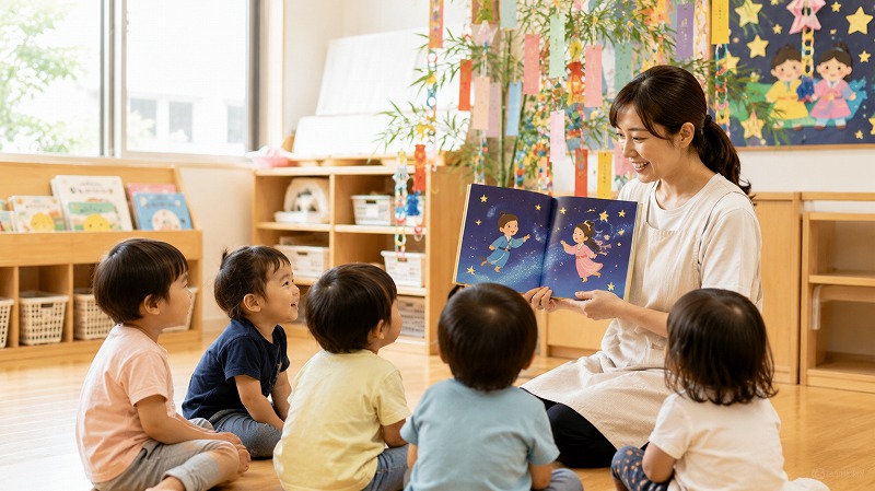 保育士が七夕の由来を子どもたちへ話している様子