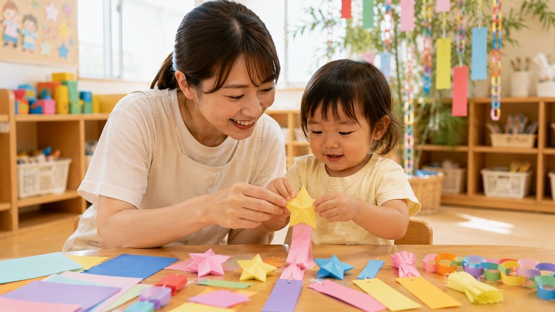 七夕飾りを楽しむ2歳児