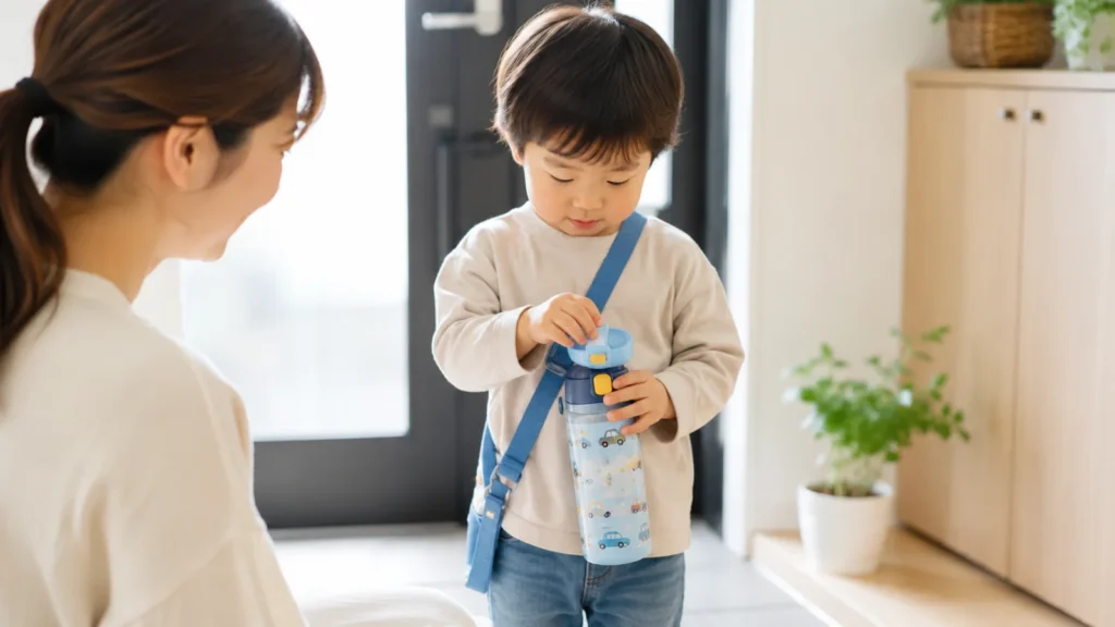 登園前の玄関で、水筒のふたとロックを自分で確認する幼児と、そばで見守る保護者