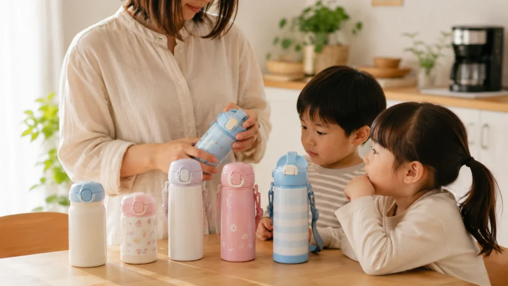 年齢の異なる子ども向けに、小・中サイズの水筒を並べ、保護者が重さや持ちやすさを比較している様子
