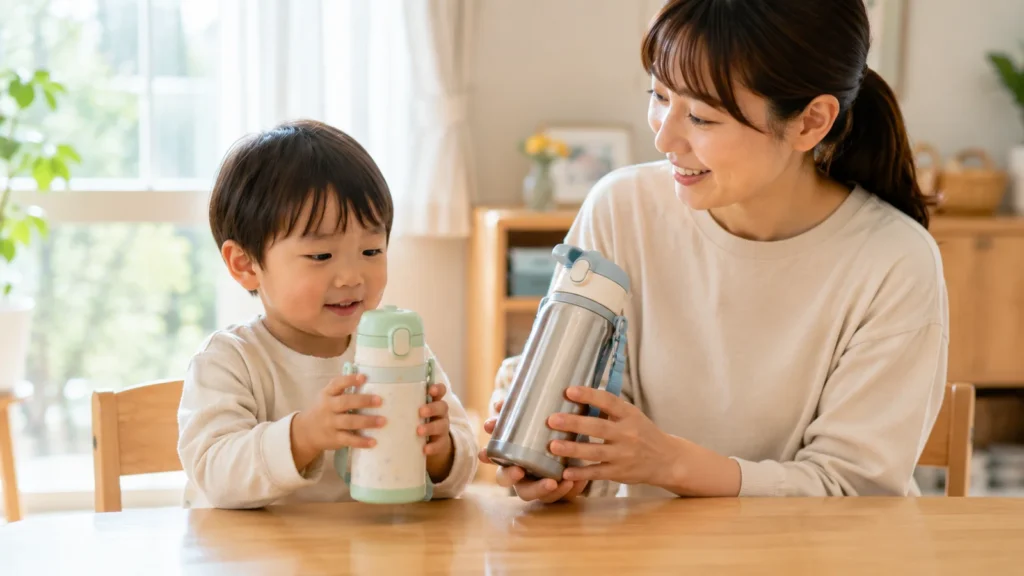 家庭で素材や重さの異なる水筒を親子で比較している様子