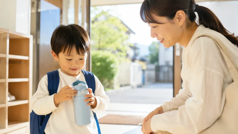 保育園の玄関で、小さな水筒のふたを自分で確認する幼児と、そばでやさしく見守る保護者