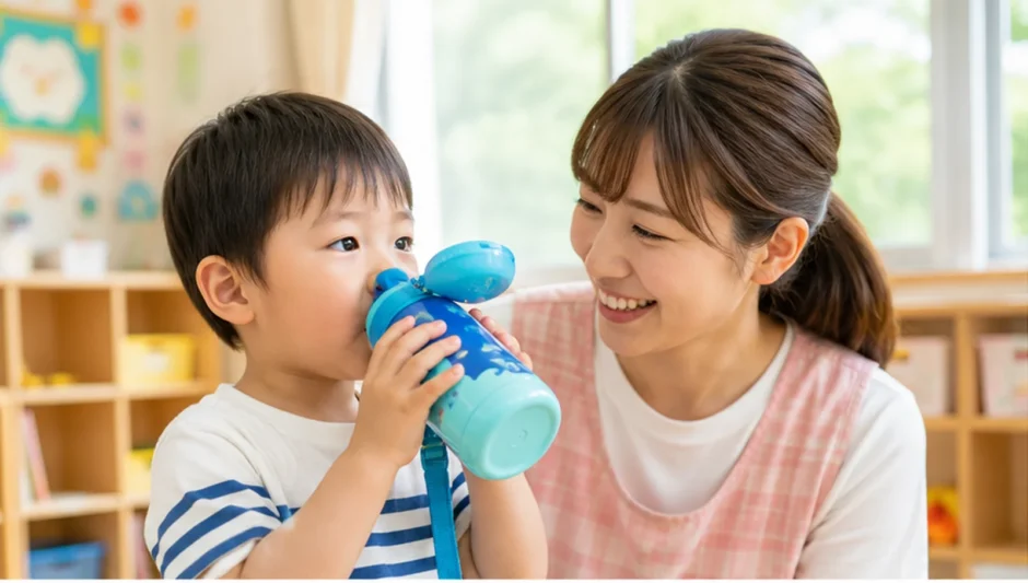 夏の保育園で水筒から水分補給をする子ども