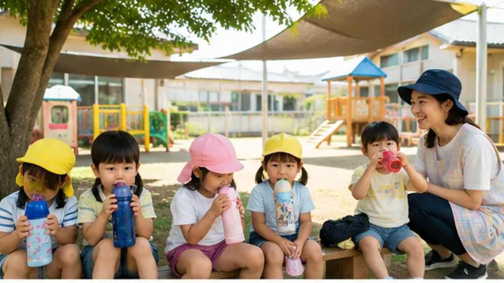 夏の園庭で遊びの途中に水分補給をする園児たち