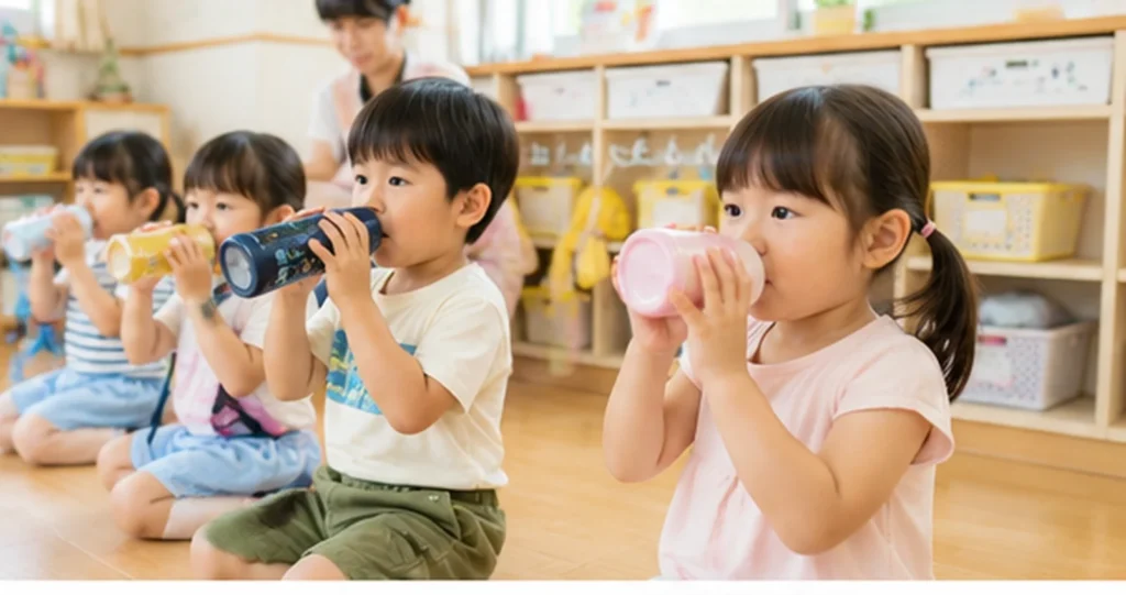 外遊びから戻って水分補給をする保育園の子どもたち