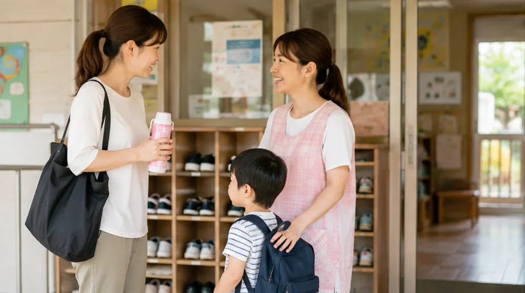 降園時に水筒を手にして保育士へ相談する保護者