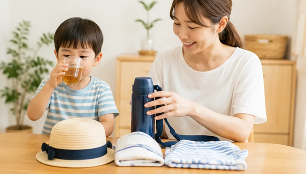 夏の朝に水分補給をして保育園の持ち物を準備する親子