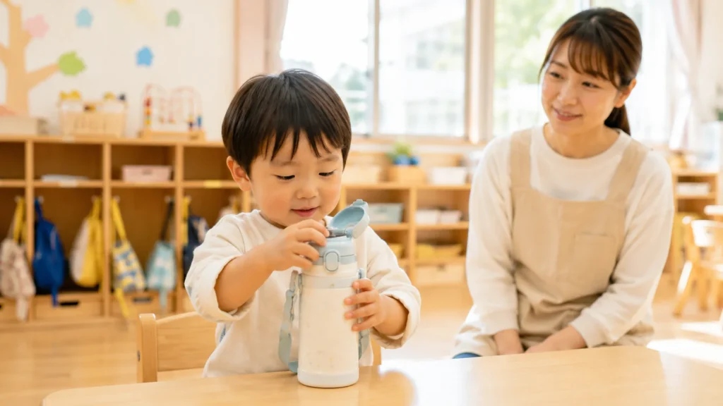 保育室のテーブルで水筒のふたを自分で開けようとする幼児