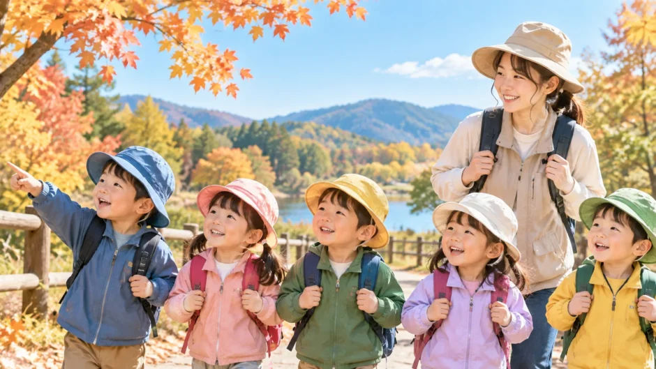 秋晴れの公園で、リュックを背負った保育園児たちが保育士と一緒に遠足を楽しんでいる様子。