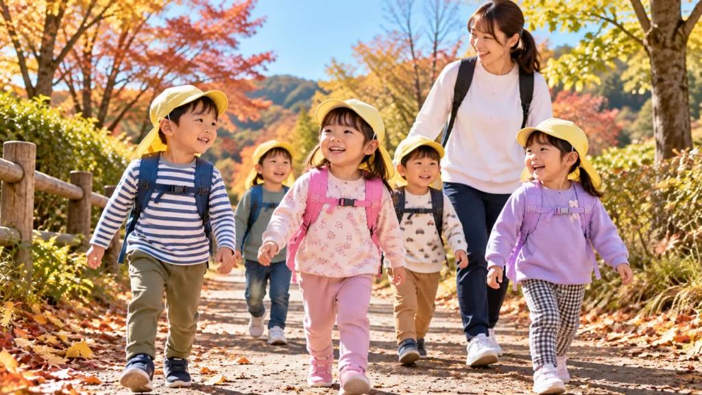 秋の遠足へ動きやすい服装で出かける保育園児