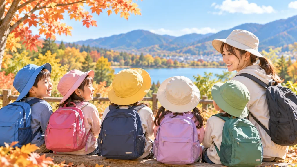 秋の遠足を楽しむ保育園児と保育士が、美しい紅葉と湖を眺めながら一緒に過ごしている様子。