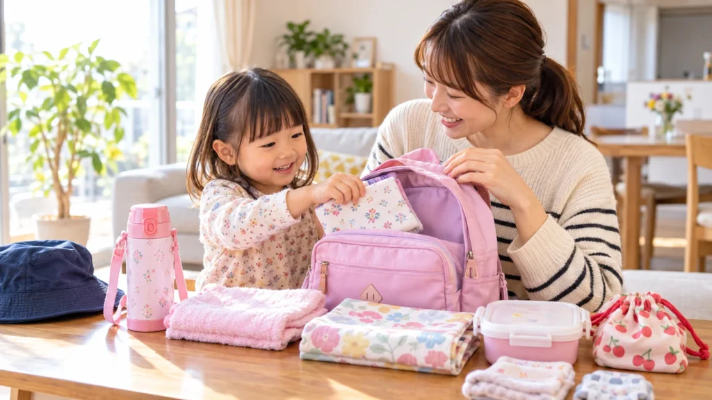 保育園の秋の遠足に向けて持ち物を準備する親子