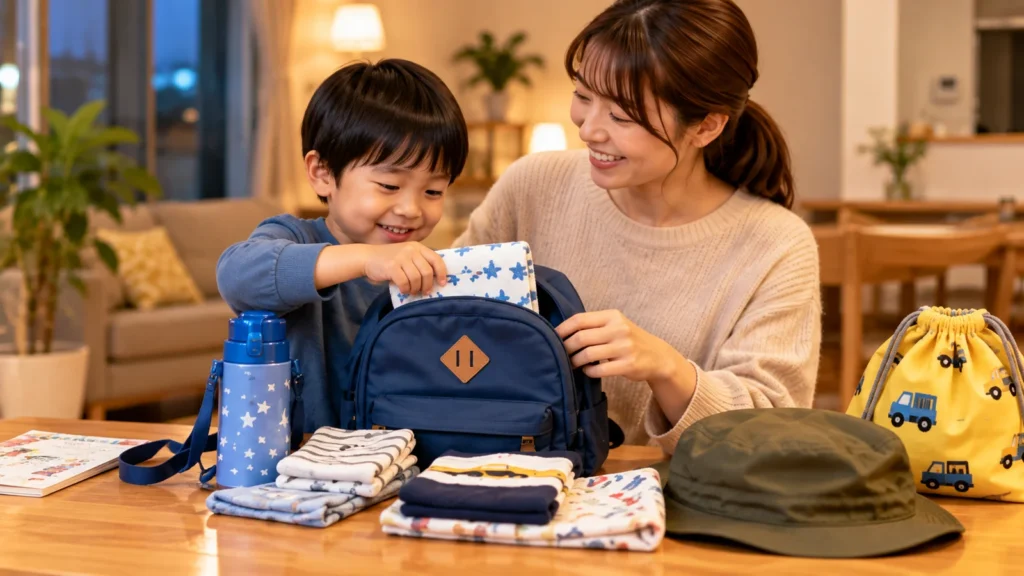 保育園の遠足前日に親子でリュックを準備する様子