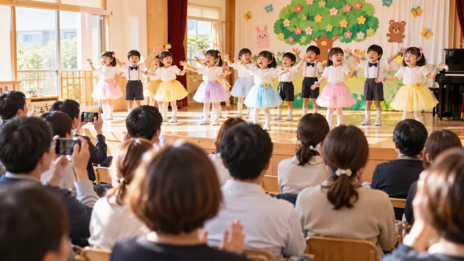保育園のホールで、子どもたちが歌やダンスの発表をしており、後方から保護者が温かく見守る場面
