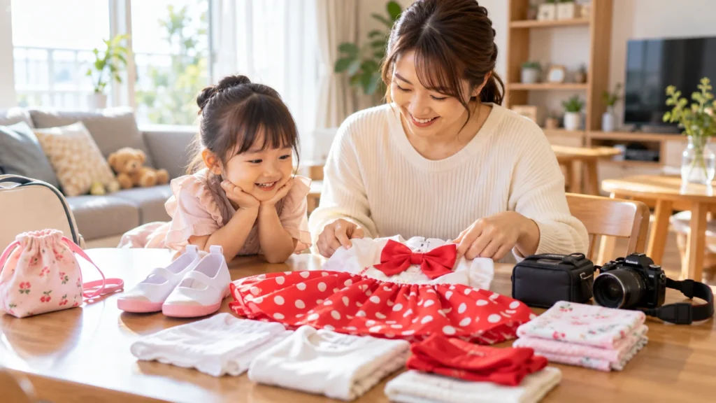 家庭で保護者が子どもの衣装や室内履き、カメラなどを準備している場面