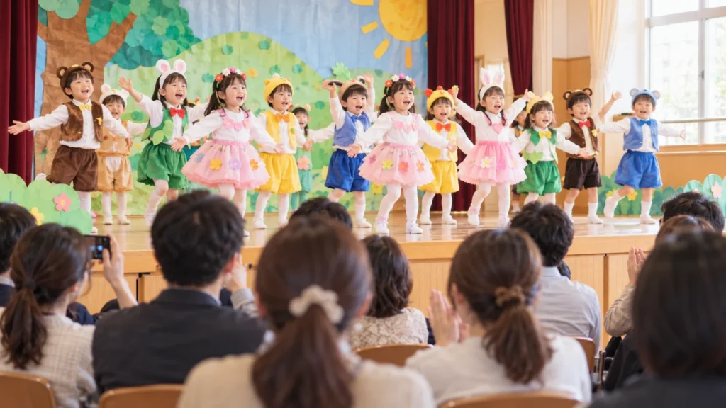 発表会の舞台に立つ幼児たちと、客席から見守る保護者