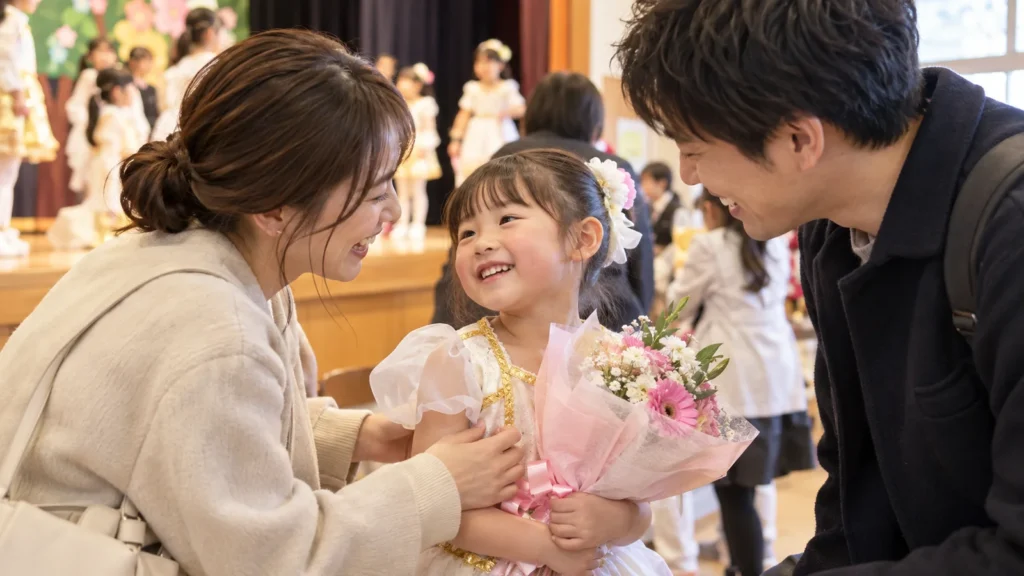 発表会を終えた子どもを保護者が笑顔で迎え、子どもも安心した表情を見せている場面