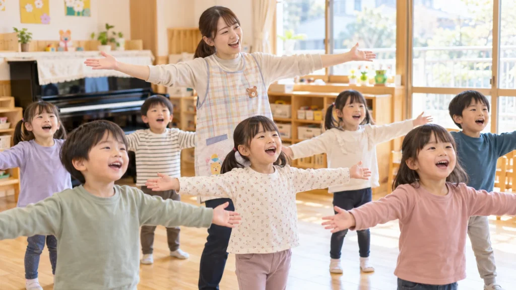 保育室で保育士と子どもたちが楽しみながら歌や動きを練習している場面
