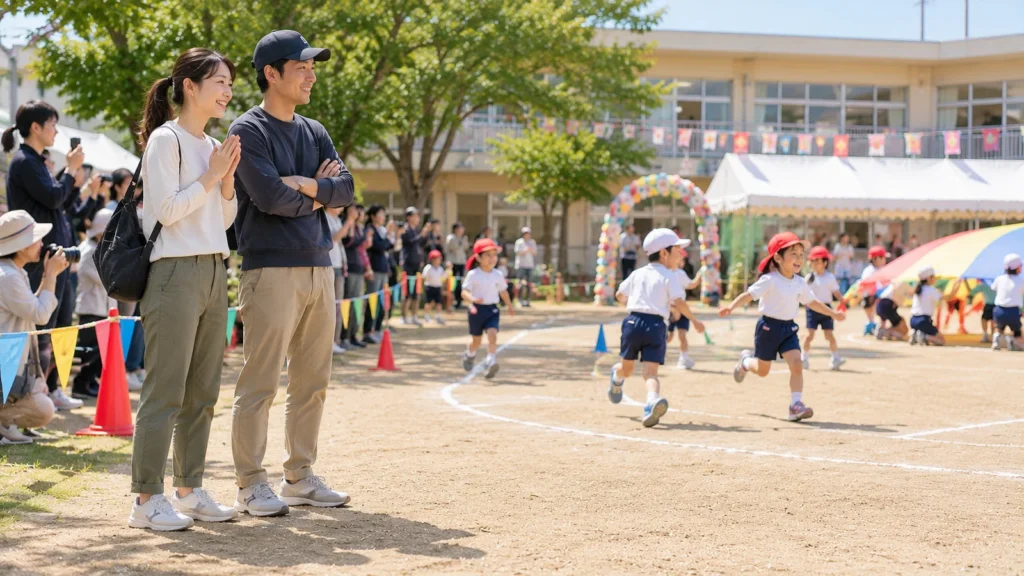 動きやすいカジュアルな服装をした日本人の母親と父親が、少し離れた観覧場所から子どもの競技を笑顔で見守っている。