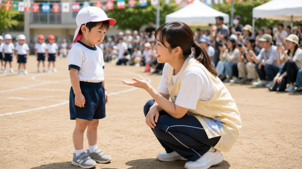 保育園の運動会で緊張している子どもの目線に合わせ、優しく声をかけて寄り添う保育士の様子。