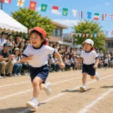 保育園の運動会で、元気に競技へ参加する子どもたちと、その姿を温かく見守る保護者の様子。