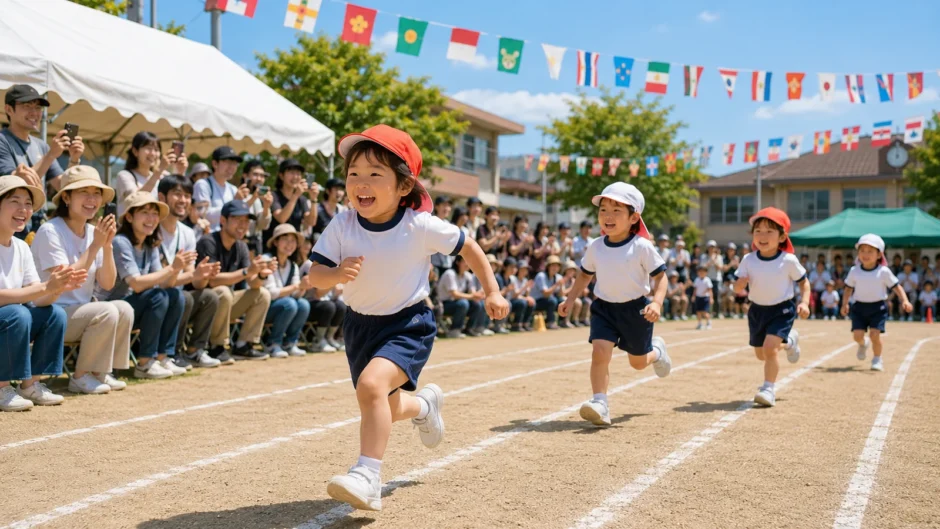 保育園の運動会で、元気に競技へ参加する子どもたちと、その姿を温かく見守る保護者の様子。