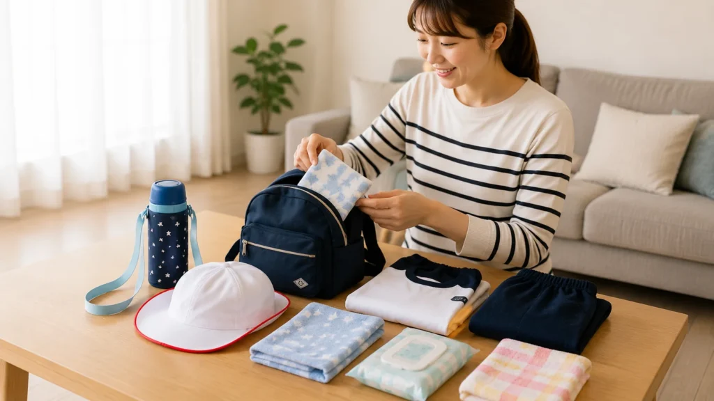 保育園の運動会に向けて、水筒や帽子、着替え、タオルなど子どもの持ち物を準備する保護者の様子。