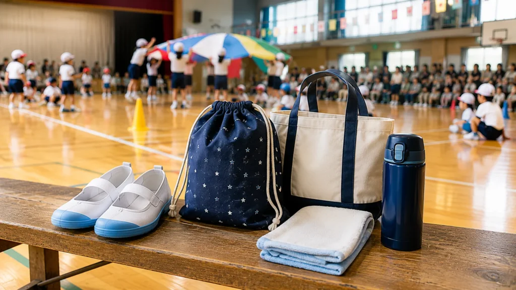 体育館で行われる保育園の運動会に備えた、室内履きや靴袋、水筒、タオルなどの持ち物。