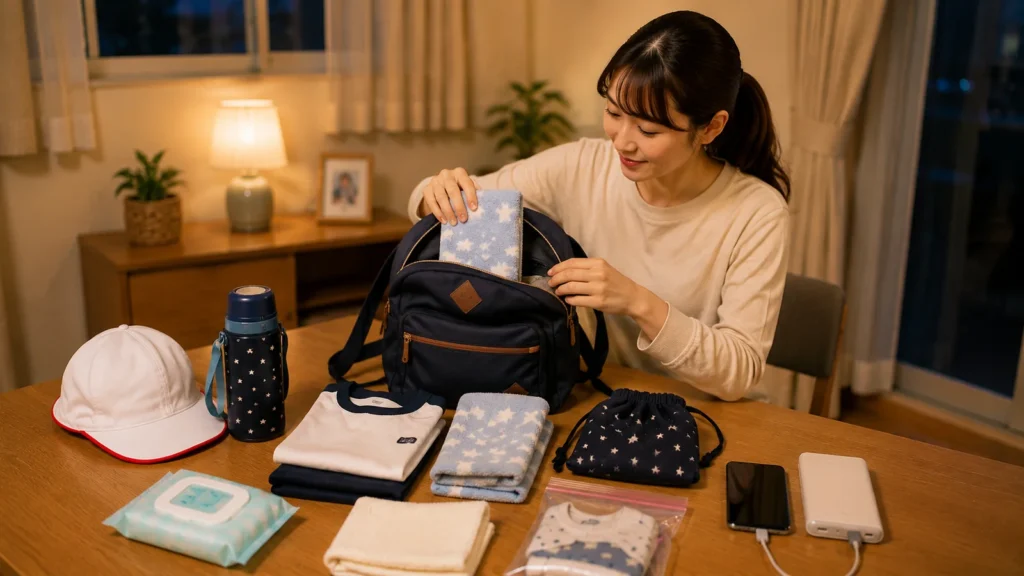 運動会前日の夕方、子どもの水筒や帽子、着替え、カメラを準備し、スマートフォンの充電も確認する保護者の様子。