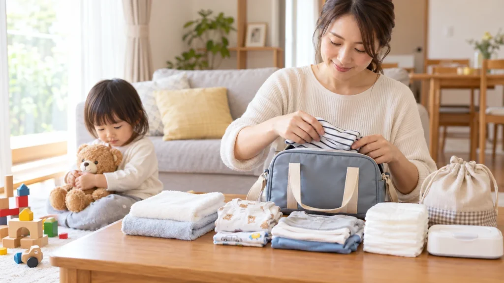 病児保育の利用に備えて子どもの着替えや持ち物を準備する保護者
