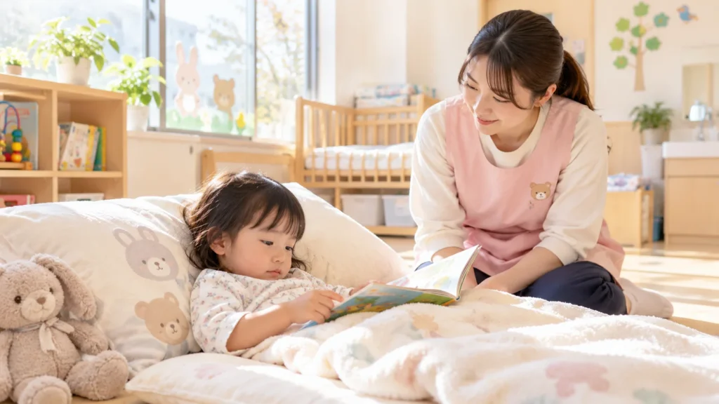 病児保育室で静かに過ごす幼児と見守る保育士
