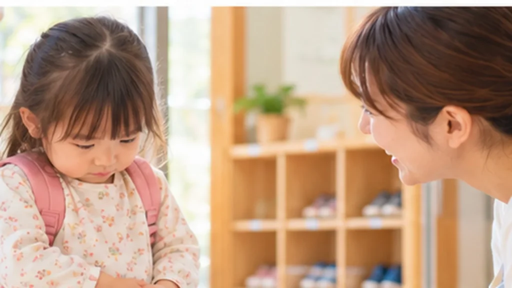 保育園の玄関で先生に声をかけられ、恥ずかしそうに下を向く幼児
