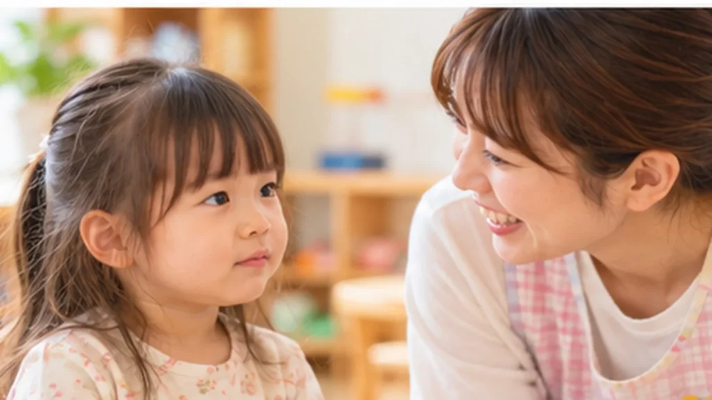子どもの目線に合わせて優しく話しかける保育士