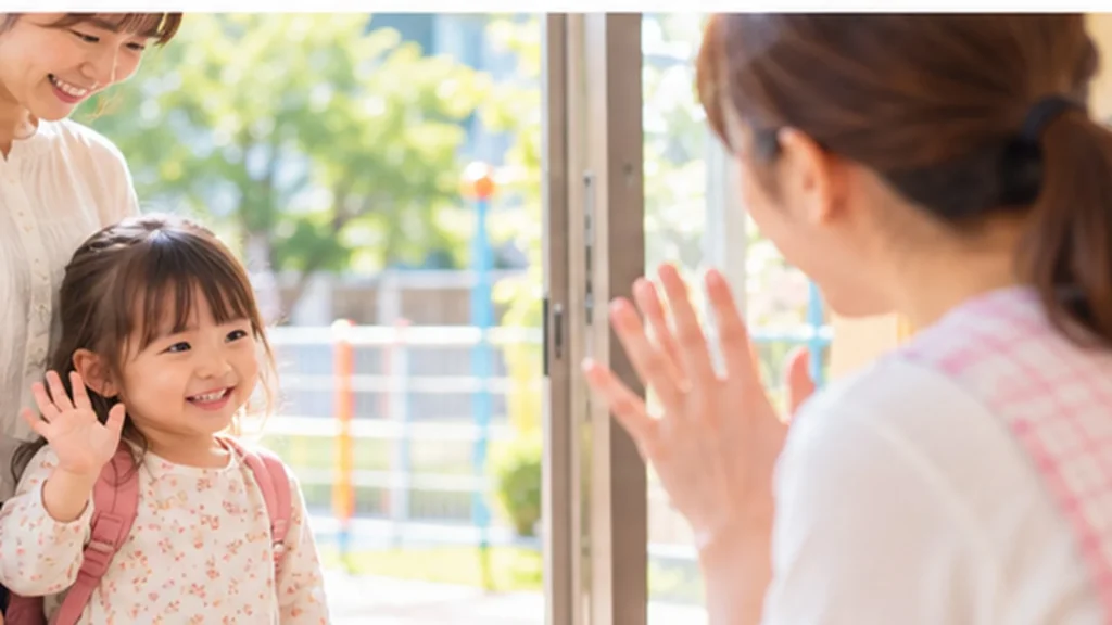 保育園の朝、笑顔で保育士に手を振る幼児と見守る母親