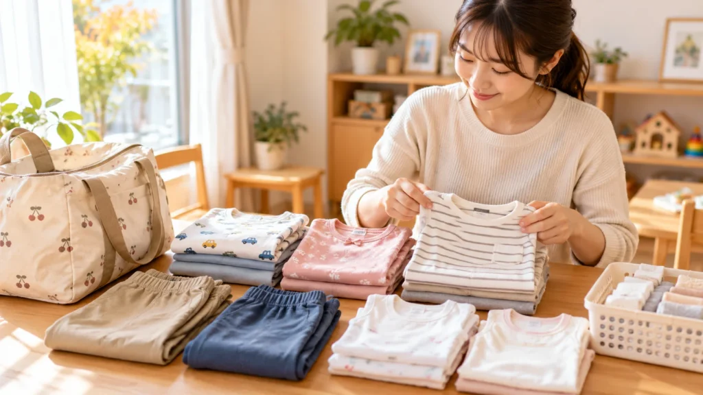 保育園の秋用の着替えを準備する保護者