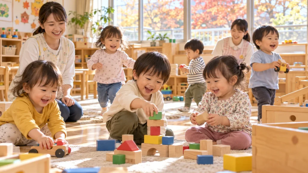 秋の保育室で薄手の長袖を着て遊ぶ子どもたち
