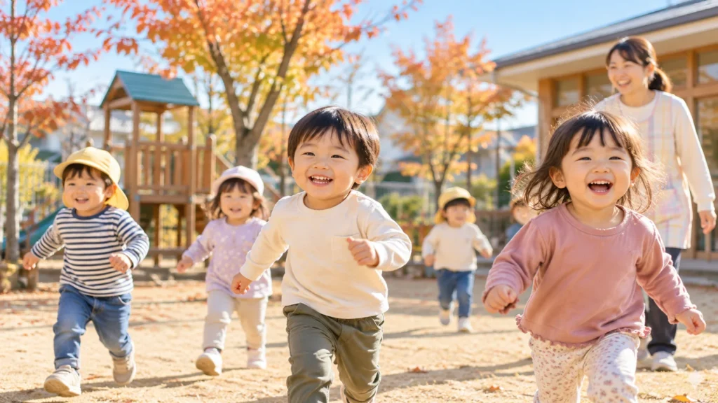 秋の園庭で長袖を着て元気に遊ぶ子どもたち