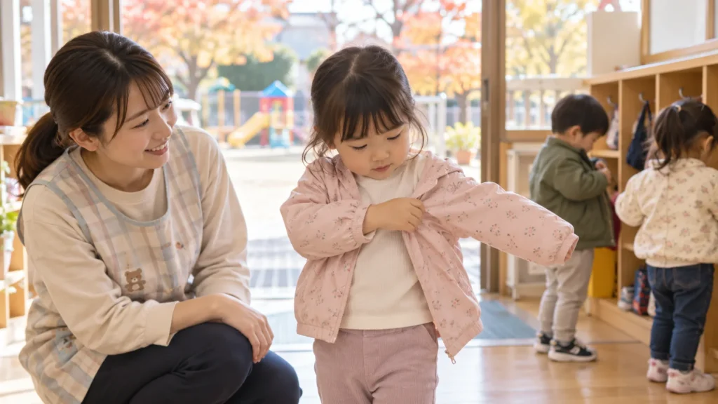 秋の園庭へ出る前に薄手の上着を着る幼児