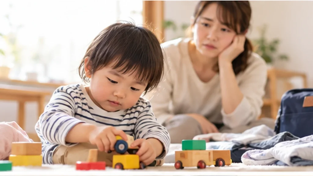 朝の着替えの途中でおもちゃに夢中になる幼児